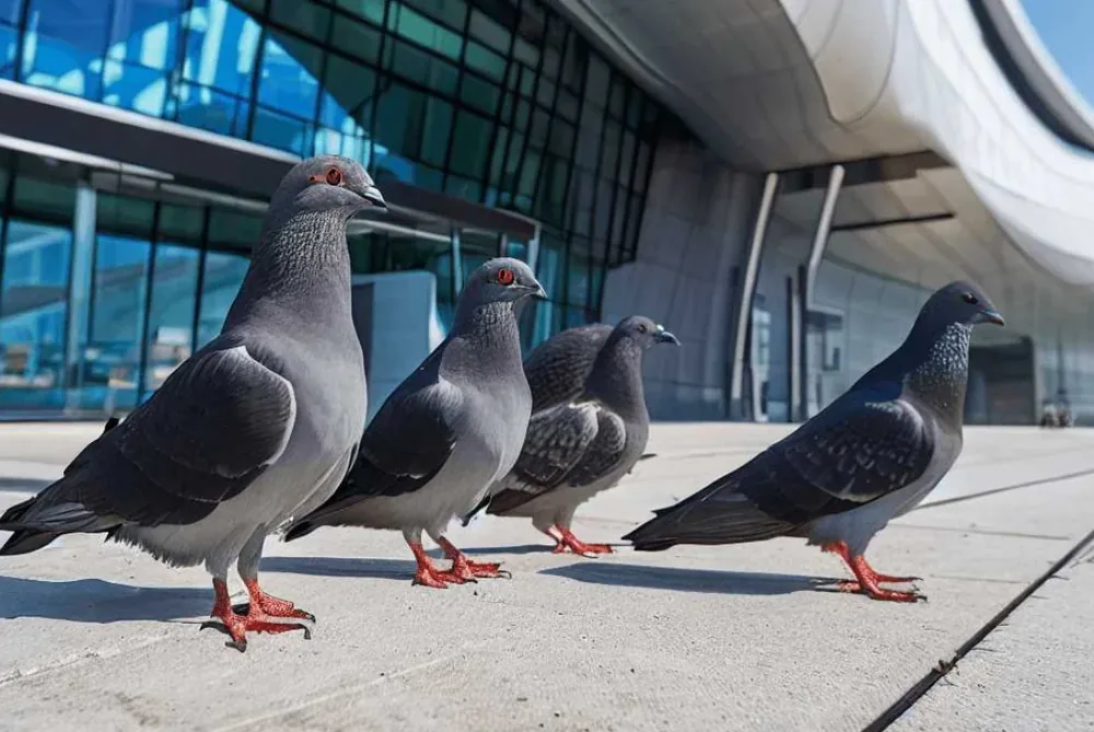 Feral pigeons gathered on paving outside a commercial building