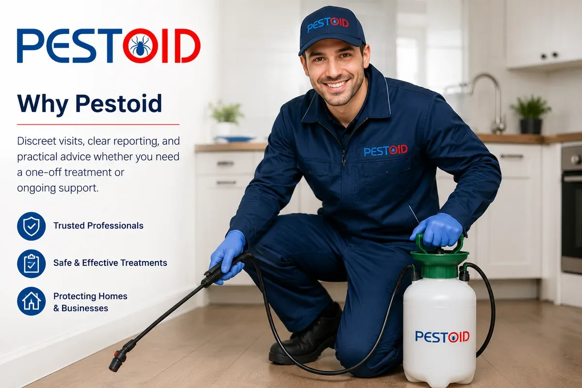 Pestoid technician with a pressure sprayer in a domestic kitchen